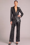 Sparkly 2 Piece Black Sequins Shawl Lapel Business Suits with Belt