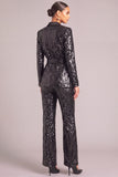 Sparkly 2 Piece Black Sequins Shawl Lapel Business Suits with Belt
