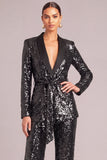 Sparkly 2 Piece Black Sequins Shawl Lapel Business Suits with Belt