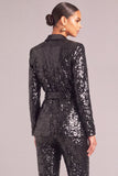 Sparkly 2 Piece Black Sequins Shawl Lapel Business Suits with Belt