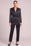 Black 2 Piece Peak Lapel Long Sleeves Business Suits with Belt