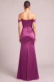 Plum Mermaid Off the Shoulder Satin Long Formal Dress