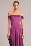 Plum Mermaid Off the Shoulder Satin Long Formal Dress
