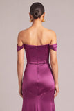 Plum Mermaid Off the Shoulder Satin Long Formal Dress