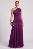 Plum One Shoulder Ruched Satin Long A-Line Formal Dress