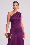 Plum One Shoulder Ruched Satin Long A-Line Formal Dress