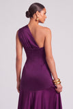 Plum One Shoulder Ruched Satin Long A-Line Formal Dress