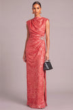 Sparkly Sequins Red Sheath Cowl Neck Ruched Long Formal Dress with Rhinestone