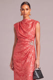 Sparkly Sequins Red Sheath Cowl Neck Ruched Long Formal Dress with Rhinestone