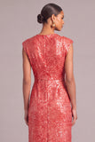 Sparkly Sequins Red Sheath Cowl Neck Ruched Long Formal Dress with Rhinestone