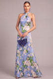 Floral Light Blue A-Line Criss Cross Long Mermaid Formal Dress