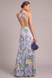 Floral Light Blue A-Line Criss Cross Long Mermaid Formal Dress
