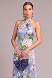 Floral Light Blue A-Line Criss Cross Long Mermaid Formal Dress