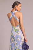 Floral Light Blue A-Line Criss Cross Long Mermaid Formal Dress
