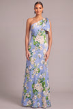 Light Blue A-Line One Shoulder Floral Long Formal Dress with Bow