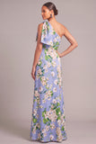 Light Blue A-Line One Shoulder Floral Long Formal Dress with Bow