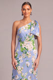 Light Blue A-Line One Shoulder Floral Long Formal Dress with Bow