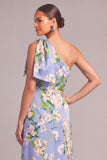 Light Blue A-Line One Shoulder Floral Long Formal Dress with Bow