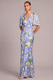 Light Blue Floral Mermaid V-Neck Long Formal Dress with Sleeves