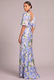 Light Blue Floral Mermaid V-Neck Long Formal Dress with Sleeves