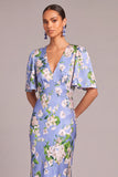 Light Blue Floral Mermaid V-Neck Long Formal Dress with Sleeves