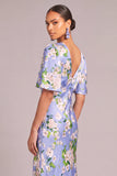 Light Blue Floral Mermaid V-Neck Long Formal Dress with Sleeves