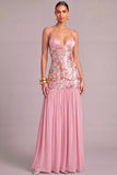 Pink Sparkly A-Line Spaghetti Straps Sequins Maxi Formal Dress