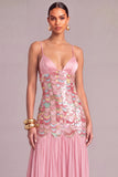Pink Sparkly A-Line Spaghetti Straps Sequins Maxi Formal Dress