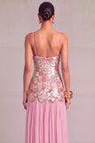 Pink Sparkly A-Line Spaghetti Straps Sequins Maxi Formal Dress