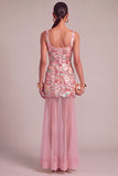 Pink Mermaid Sparkly Square Neck Sequins Maxi Formal Dress