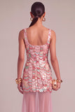 Pink Mermaid Sparkly Square Neck Sequins Maxi Formal Dress