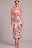 Pink Sparkly Sheath Square Neck Sequins Midi Formal Dress with Slit