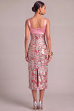Pink Sparkly Sheath Square Neck Sequins Midi Formal Dress with Slit
