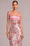 Pink Sparkly Sheath Square Neck Sequins Midi Formal Dress with Slit