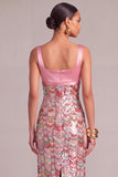 Pink Sparkly Sheath Square Neck Sequins Midi Formal Dress with Slit