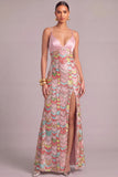 Sparkly Pink Mermaid Spaghetti Straps Sequins Maxi Formal Dress with Slit