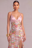 Sparkly Pink Mermaid Spaghetti Straps Sequins Maxi Formal Dress with Slit