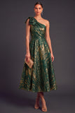 Green A-Line One Shoulder Ruched Midi Formal Dress with Bow