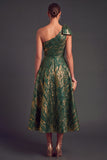 Green A-Line One Shoulder Ruched Midi Formal Dress with Bow