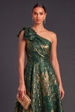 Green A-Line One Shoulder Ruched Midi Formal Dress with Bow