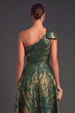Green A-Line One Shoulder Ruched Midi Formal Dress with Bow