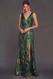 Green Mermaid V-Neck Ruched Maxi Formal Dress with Slit