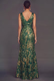 Green Mermaid V-Neck Ruched Maxi Formal Dress with Slit