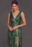 Green Mermaid V-Neck Ruched Maxi Formal Dress with Slit