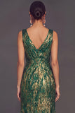 Green Mermaid V-Neck Ruched Maxi Formal Dress with Slit