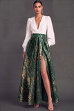 Green V-Neck Long Sleeves Jacquard A-Line Formal Dress with Slit