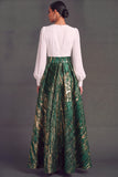 Green V-Neck Long Sleeves Jacquard A-Line Formal Dress with Slit