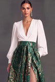 Green V-Neck Long Sleeves Jacquard A-Line Formal Dress with Slit