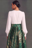 Green V-Neck Long Sleeves Jacquard A-Line Formal Dress with Slit