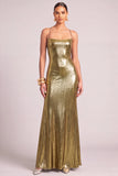 Black Golden Mermiad Spaghetti Straps Metallic Maxi Formal Dress